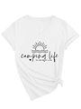 Close-up of white V-neck t-shirt with camping life graphic and front hem knot detail - S / White (Black Font)