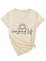 Detail view of beige V-neck cotton T-shirt with camping life graphic and hem knot detail - S / Sand (Black Font)