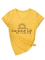 Detail of yellow V-neck T-shirt with camping life print and stylish side knot design - S / Yellow (Black Font)