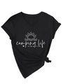 Detail of V-neck black camping t-shirt with rolled sleeves and front knot design - Black (White Font)