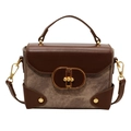 Vintage style flap bag in brown patchwork leather and canvas with gold hardware - Brown (ym5033)