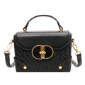 Black structured handbag with quilted texture and gold CD clasp on white background - Black Woven Texture (5032)