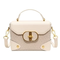 Beige faux crocodile skin handbag with gold oval lock and detachable cross-body strap - White Woven Texture (5032)