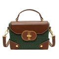 Green croc-embossed small square bag with brown flap and golden buckle detail - Green Woven Texture (5032)
