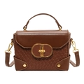 Brown leather crossbody bag featuring woven texture and golden oval metal lock - Brown Woven Texture (5032)