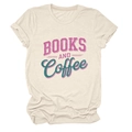 Detail view of the distressed Books and Coffee print on a beige cotton t-shirt - S / Sand