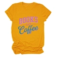 Detail of Books and Coffee typography print on yellow cotton crewneck t-shirt - S / Mustard Yellow