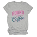 Detail showing heather gray cotton fabric and artistic Books and Coffee print on t-shirt - S / Light Gray