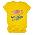 Detail of Books and Coffee typography on yellow crew neck cotton t-shirt with flat lay design - Yellow