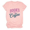Detailed flat lay of a light pink crewneck T-shirt with BOOKS AND COFFEE printed design - Pink