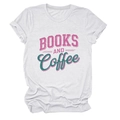 Detail of white cotton t-shirt featuring vintage BOOKS AND COFFEE graphic and rolled sleeves - White