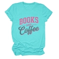 Mint green Books and Coffee graphic cotton t-shirt with crew neck for women - Deep Water Blue