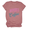 Detail of Books and Coffee print on dusty rose crewneck t-shirt with rolled sleeves - Rose Gold