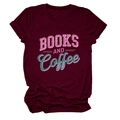 Detail of artistic 'BOOKS AND COFFEE' print on burgundy round neck short sleeve cotton T-shirt - Burgundy