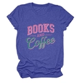 Detail of rolled sleeve and vintage BOOKS AND COFFEE print on heather blue t-shirt - Vintage Blue