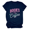 Detail of navy blue t-shirt featuring Books and Coffee print with rolled sleeve edges - Navy Blue