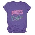 Detail of Books and Coffee print on a heather purple cotton blend crew neck t-shirt - Purple