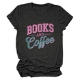 Detail of Books and Coffee graphic print on a charcoal grey cotton crew neck t-shirt - Black Heather Grey