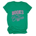 Flat lay of green cotton t-shirt with pink and dark green Books and Coffee graphic print - Dark Green