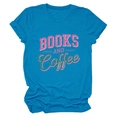 Detail of light blue cotton T-shirt featuring Books and Coffee retro typography print - Lake Blue