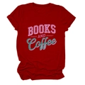 Close-up of Books and Coffee typography on a red cotton crew neck t-shirt for women - Red