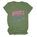 Detailed view of green heather fabric with retro pink Books and Coffee graphic print - Olive Green