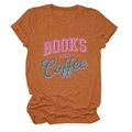 Close-up of brick red t-shirt fabric showing Books and Coffee graphic and knit texture - Burnt Orange