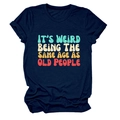 Close-up of navy blue T-shirt featuring vintage multicolor typography print on chest - Navy Blue