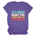 Detailed flat lay of purple cotton t-shirt with colorful vintage slogan print - Purple