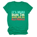 Close-up of green cotton t-shirt with colorful vintage slogan print and fine stitching - Dark Green