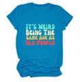 Detail view of cotton t-shirt with retro colorful IT'S WEIRD BEING THE SAME AGE slogan - Lake Blue
