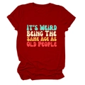 Burgundy round neck cotton T-shirt with vintage It's Weird Being the Same Age print - Red