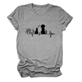 Detail of grey crewneck T-shirt featuring black cat and dog paw print heartbeat design - S / Dark Gray (Black Font)