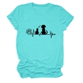 Detail of teal cotton t-shirt with screen-printed pet paw print and heartbeat line - S / Deep Water Blue (Black Font)