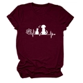 Detail of creative white paw print and heartbeat line print on burgundy cotton T-shirt - Wine Red (White Font)