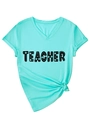 Detail van mintgroen T-shirt met V-hals Teacher met klaverprint en geknoopte zoom - S / Diep Waterblauw