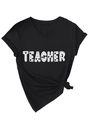 Detail of V-neck teacher shirt with shamrock lettering and side knot hem design - S / Black