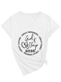Detail of white V-neck T-shirt with 'Girl's Trip 2026' print and a knotted waist hem - S / White (Black Print)