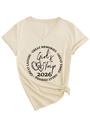 Close-up of beige V-neck t-shirt featuring Girl's Trip 2026 print and a stylish front knot - S / Sand (Black Print)