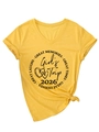 Detail of yellow V-neck T-shirt with Girl's Trip 2026 print and knotted hem style - S / Yellow (Black Print)