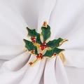 Christmas holly napkin ring with green leaves and red rhinestones on gold metal base - Holly Leaf Enamel Rhinestone Style