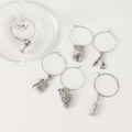Set of 6 silver metal wine glass charms with assorted vineyard-themed pendant designs - [6 Pieces/set] Silver Creative Design Wine Glass Ring Set