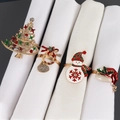 Christmas napkin ring set featuring golden tree, wreath, snowman and Santa hat designs - Christmas Tree Wreath Snowman And Hat Style (Set 7)