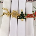 Set of 4 festive gold metal napkin rings with deer, snowflake, tree and Merry Christmas motifs - Reindeer Snowflake Christmas Tree And Merry Christmas Style (Set 14)