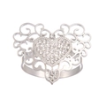 Elegant hollow heart silver napkin ring with white rhinestones on white background - Silver