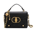Quilted black leather small square bag with gold metal clasp and chain strap - Black Quilted Style (5026)
