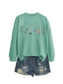 Detail of light green sweatshirt with floral print and frayed denim shorts set - Light Green
