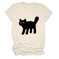 Close-up of cream cotton t-shirt featuring a minimalist black cat print with yellow eyes - S / Sand