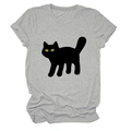 Detail of grey crew neck t-shirt featuring a cute cartoon black cat with yellow eyes - S / Light Gray