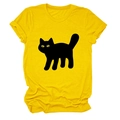 Casual yellow crewneck T-shirt with a large black cat silhouette graphic for women - S / Yellow